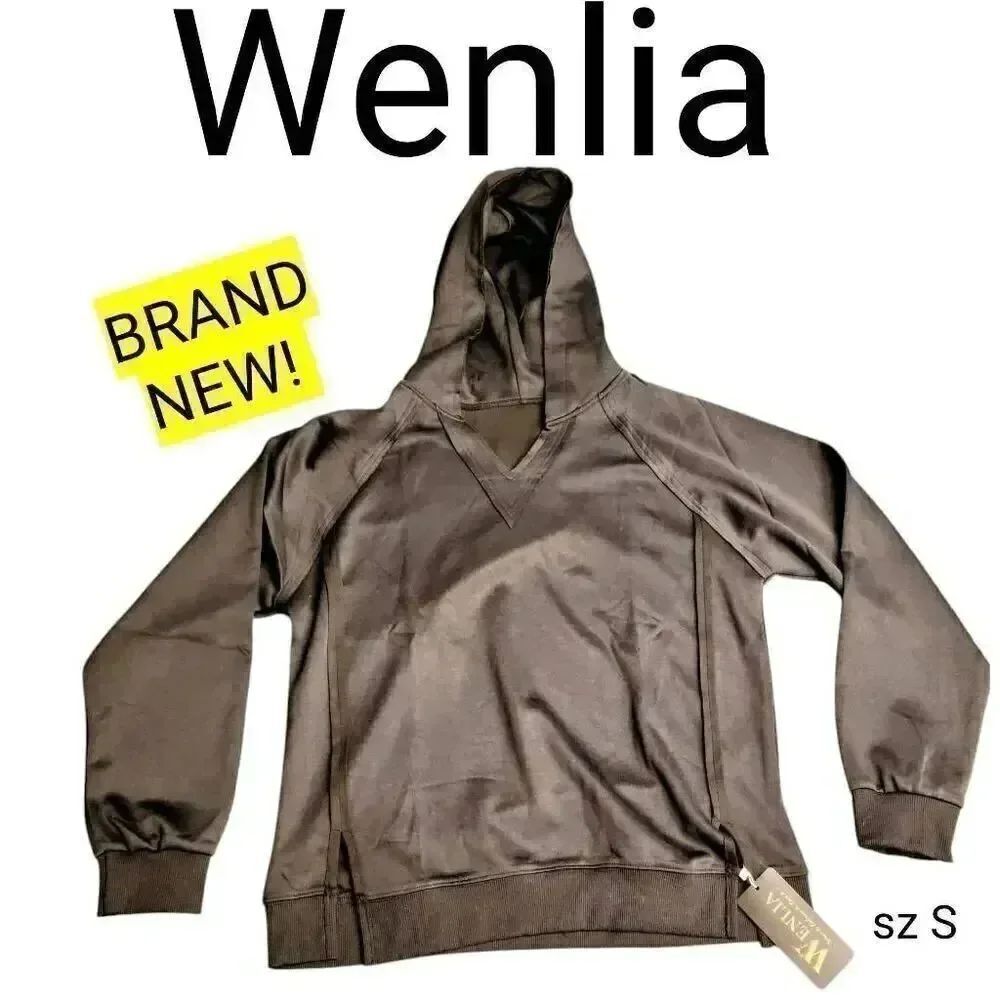 Wenlia Black Hoodie V Neck Side Slit Casual Sweatshirt Long Sleeve Pullover